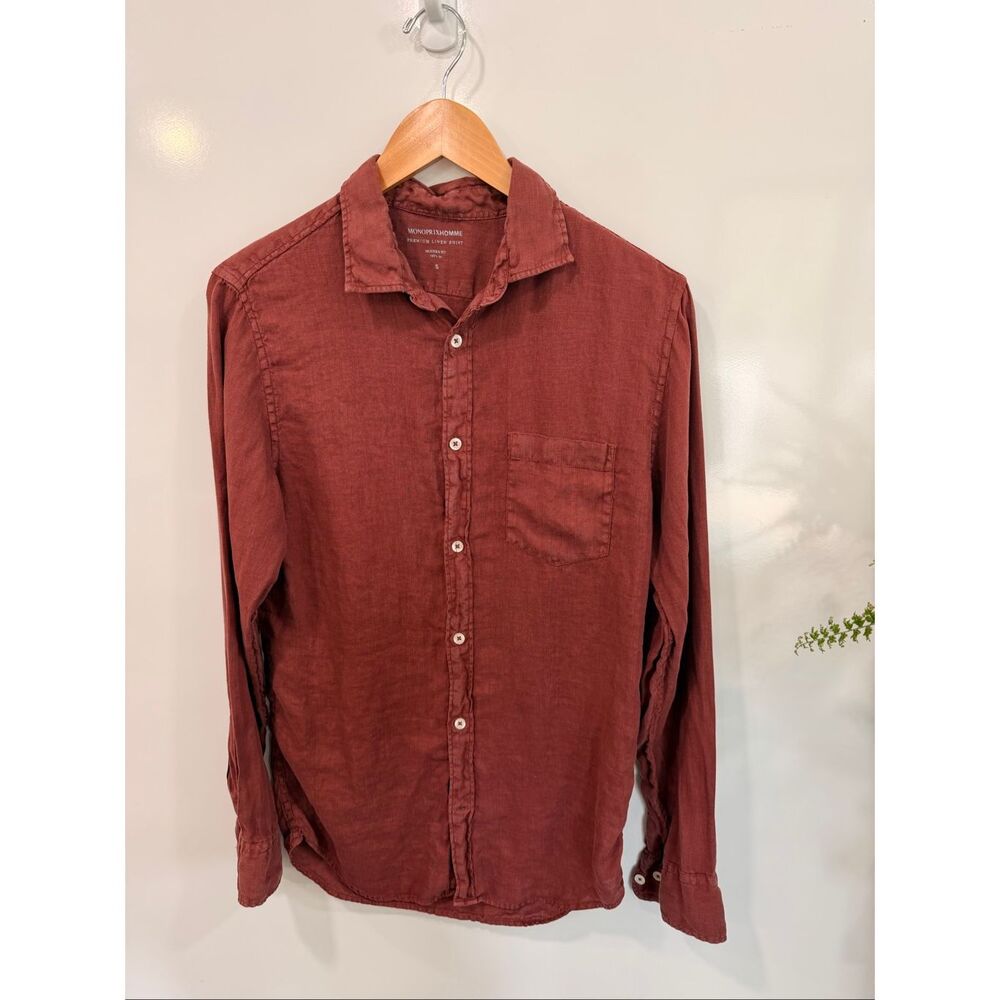 Monoprix Homme Premium Linen Shirt Rust Red Small
